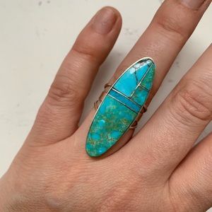 Navajo mosaic inlay ring with natural turquoise